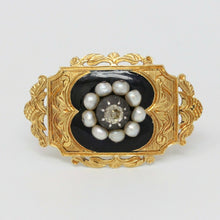Load image into Gallery viewer, Victorian18K Yellow Gold Black Enamel Diamond Pearl brooch
