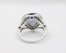 Load image into Gallery viewer, Vintage 18K White Gold Trillion- Cut Sapphire Diamond Halo Ring