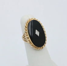 Load image into Gallery viewer, Art Deco Diammond Onyx 14K Yellow White Gold Filagree Ring