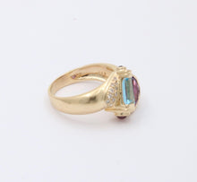 Load image into Gallery viewer, Vintage Geometric Amethyst Blue Topaz Tourmalines Diamonds 14K Yellow Gold Ring