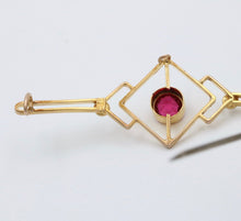 Load image into Gallery viewer, Art Deco 9K Yellow Gold Synthetic Pink Sapphire Pearls Brooch Pin