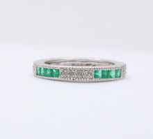 Load image into Gallery viewer, Gorgeous 14K White Gold Emerald & Diamond Half Eternity Ring Band, Wedding Band.