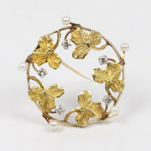 Load image into Gallery viewer, Art Nouveau 14K Yellow Gold Ivy Wreath Diamond & Pearl Pendant Brooch