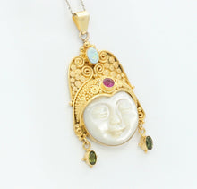 Load image into Gallery viewer, Vintage 18K Yellow Gold Sajen Goddess Face Mother of Pearl Opal Amethyst Peridot