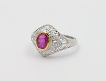 Load image into Gallery viewer, Vintage Burma Ruby Filigree Diamond 18K Gold Ring , Engagement Ring.