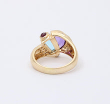 Load image into Gallery viewer, Vintage Geometric Amethyst Blue Topaz Tourmalines Diamonds 14K Yellow Gold Ring