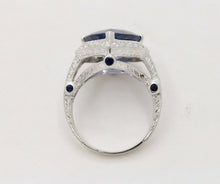 Load image into Gallery viewer, Vintage 18K White Gold Trillion- Cut Sapphire Diamond Halo Ring