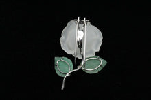 Load image into Gallery viewer, Vintage 14K White Gold Diamond & Jade Carved Rock Crystal Rose Brooch
