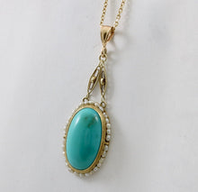 Load image into Gallery viewer, Antique 14K Yellow Gold Turquoise Pearl Seed Halo Pendant