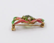 Load image into Gallery viewer, Art Nouveau Peridot 18K Yellow Gold Enamel Brooch Pin