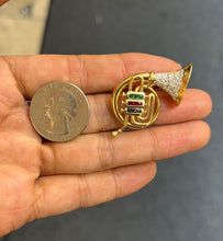 Load image into Gallery viewer, Vintage 14K Gold Diamond, Sapphire, Ruby and Emerald French Horn Pin Brooch