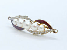 Load image into Gallery viewer, Unique Art Deco Diamonds Pearls Red Enamel 18K Yellow Gold Brooch Pin