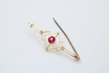 Load image into Gallery viewer, Art Deco 9K Yellow Gold Synthetic Pink Sapphire Pearls Brooch Pin