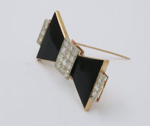 Load image into Gallery viewer, Vintage 14K Yellow Gold Onyx & Diamond Bow Tie Brooch.