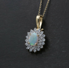 Load image into Gallery viewer, Vintage 14K Yellow Gold Australian Opal & Diamond Halo Pendant, Necklace.