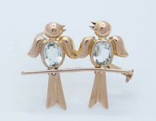 Load image into Gallery viewer, Vintage Lovebirds 18K Rose Gold Aquamarines Brooch Pin
