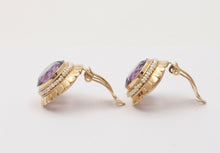 Load image into Gallery viewer, Vintage Round Cut Amethyst Beaded Seed Pearl Halo Button Clip Earrings, Estate.