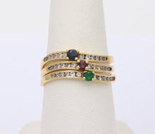Load image into Gallery viewer, Vintage Trio Stacking Solitaire Emerald Sapphire Ruby 18K Yellow Gold Rings