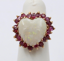 Load image into Gallery viewer, Vintage 14K Gold Heart Opal & Ruby Halo Ring.