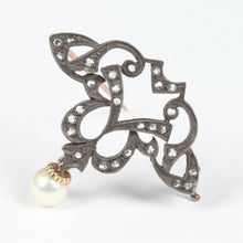 Load image into Gallery viewer, Victorian 10K Yellow Gold and Silver Diamond Pearl Brooch