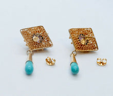 Load image into Gallery viewer, Vintage 1940's Gold Gilt Turquoise Amethyst Enamel Earrings