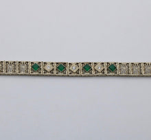 Load image into Gallery viewer, Art Deco Flower Filagree Diamonds Emeralds 14K White Gold Bracelet