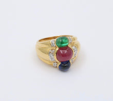 Load image into Gallery viewer, Funky Vintage 18K Yellow Gold Cabochon Ruby, Sapphire & Emerald Ring, Estate Rin