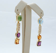 Load image into Gallery viewer, Vintage 18K Multi Stone Dangle Earrings Topaz Peridot Amethyst Diamonds Citrine