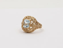 Load image into Gallery viewer, Vintage 10K Yellow Gold Filigree Blue Topaz Ring, Estate, Cocktail Ring