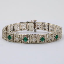Load image into Gallery viewer, Art Deco Flower Filagree Diamonds Emeralds 14K White Gold Bracelet
