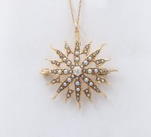 Load image into Gallery viewer, Victorian Edwardian Starburst Diamond Seed Pearls 14K Yellow Gold Pendant Brooch