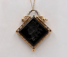 Load image into Gallery viewer, Art Nouveau Intaglio Carved Onyx 14K Yellow White Gold Pendant
