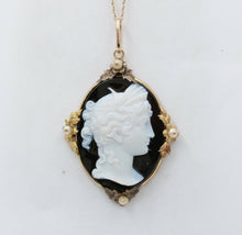 Load image into Gallery viewer, Victorian Cameo Seed Pearls Onyx 14K Yellow Gold Pendant