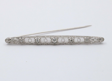 Load image into Gallery viewer, Art Deco 14K White Gold Diamond Filigree Bar Pin, Brooch