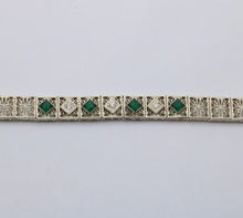 Load image into Gallery viewer, Art Deco Flower Filagree Diamonds Emeralds 14K White Gold Bracelet