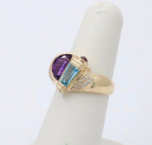 Load image into Gallery viewer, Vintage Geometric Amethyst Blue Topaz Tourmalines Diamonds 14K Yellow Gold Ring