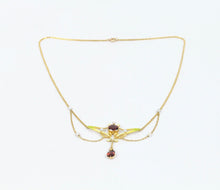 Load image into Gallery viewer, Art Nouveau 14K Yellow Gold Garnet & Pearl Enamel Festoon Necklace.