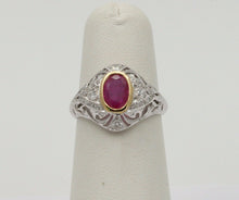 Load image into Gallery viewer, Vintage Burma Ruby Filigree Diamond 18K Gold Ring , Engagement Ring.