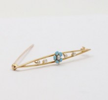 Load image into Gallery viewer, Antique Art Nouveau 10k Yellow Gold Forget Me Not Pearl Enamel Bar Pin