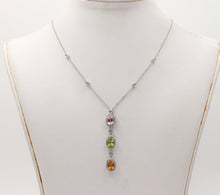 Load image into Gallery viewer, Classic 14K Gold Three Stones Multi Color Stone, Diamond Drop Pendant. Necklace.