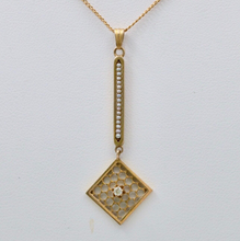 Load image into Gallery viewer, Edwardian Diamond & Pearl Lavaliere Pendant, Antique 10k Yellow Gold Necklace