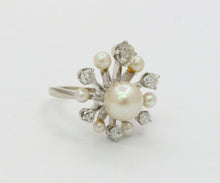 Load image into Gallery viewer, Vintage 14K White Gold Old European Cut Diamond Pearl Ring