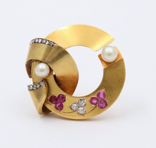 Load image into Gallery viewer, Antique 18K Yellow Gold Diamond Ruby Pearl Ribbon Brooch