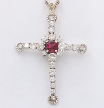 Load image into Gallery viewer, Vintage 10K White Gold Diamond & Rhodolite Garnet Cross Pendant Necklace