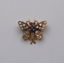 Load image into Gallery viewer, Vintage Butterfly Sapphire Ruby Diamond 14K Yellow Gold Brooch Pin