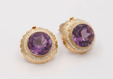 Load image into Gallery viewer, Vintage Round Cut Amethyst Beaded Seed Pearl Halo Button Clip Earrings, Estate.
