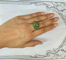 Load image into Gallery viewer, Vintage 18K Gold Blue & Green Enamel Dome Ring