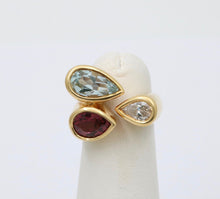 Load image into Gallery viewer, Vintage Geometric Diamond Aquamarine Tourmaline 18K Yellow Gold Ring