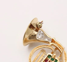 Load image into Gallery viewer, Vintage 14K Gold Diamond, Sapphire, Ruby and Emerald French Horn Pin Brooch