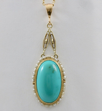 Load image into Gallery viewer, Antique 14K Yellow Gold Turquoise Pearl Seed Halo Pendant